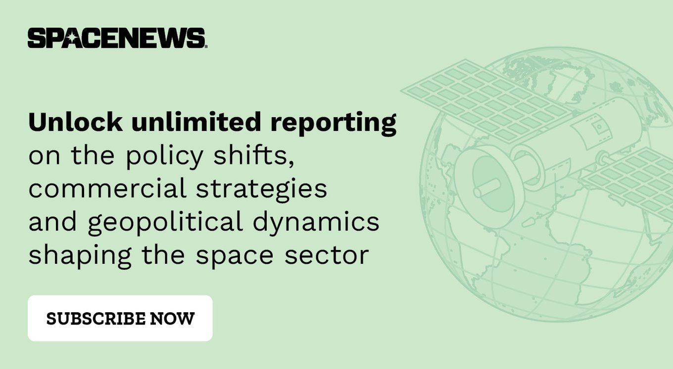 An image of a satellite orbiting Earth with the text "Unlock unlimited reporting on the policy shifts, commercial strategies and geopolitical dynamics shaping the space sector"