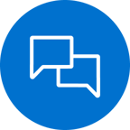 Blue circular icon showing two overlapping white speech bubbles, centered on a solid background.