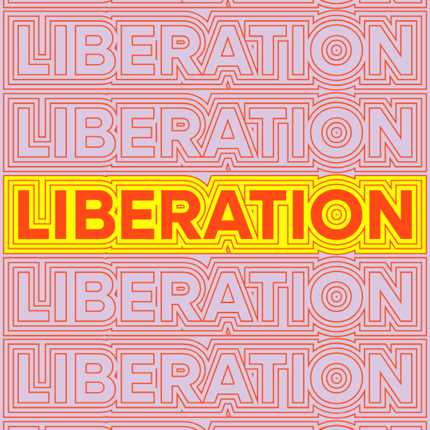 A bold red and yellow graphic repeating the text LIBERATION