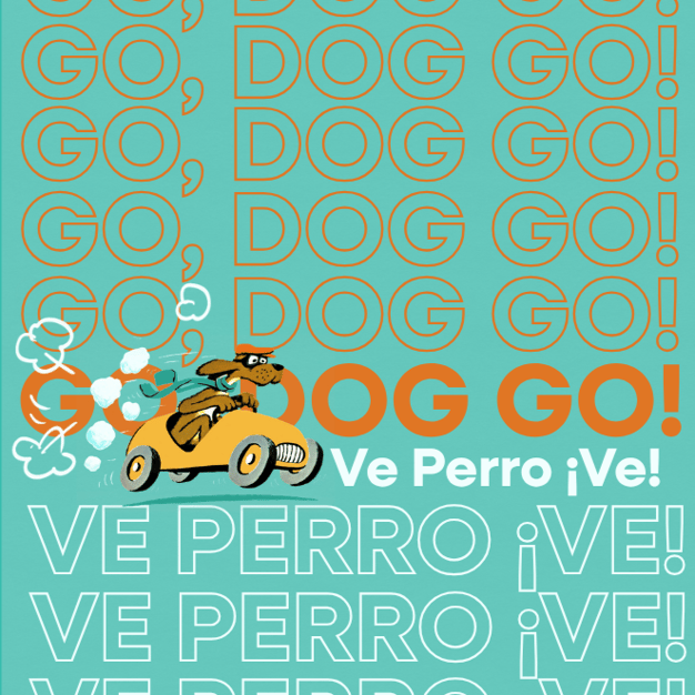 A cartoon-style dog riding a yellow scooter on a bright teal background