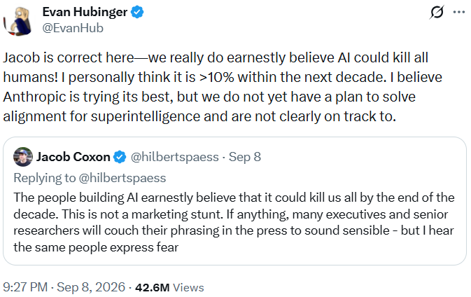 screenshot of X post by Evan Hubinger responding to Jason Coxon