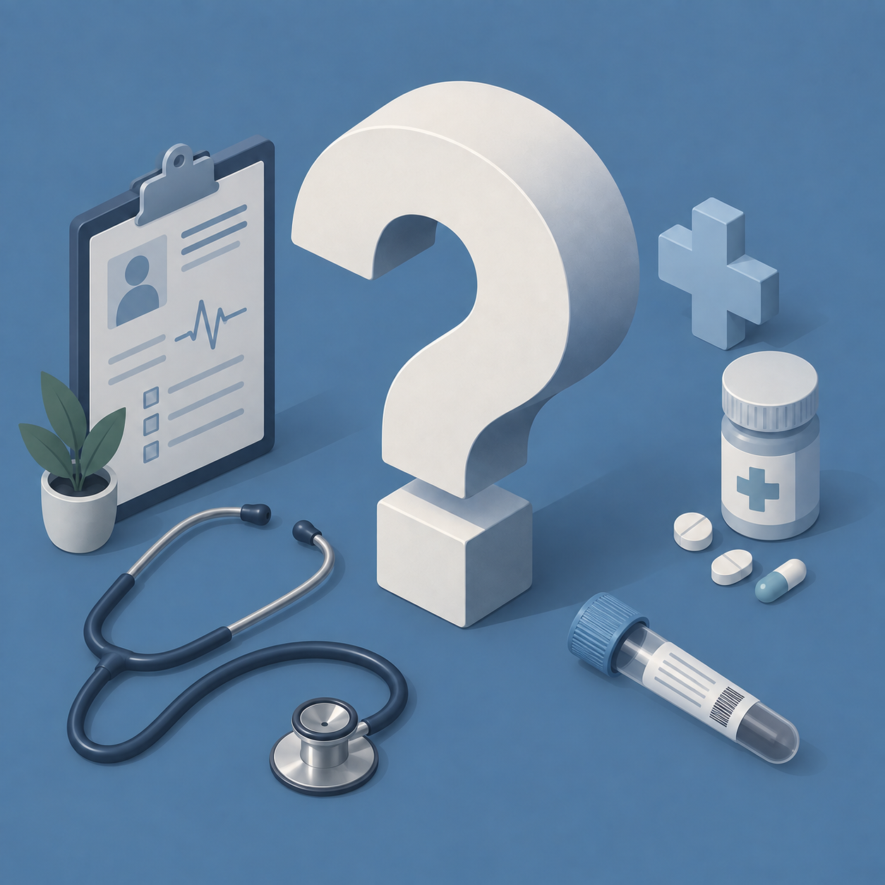 Graphic of question mark with healthcare items