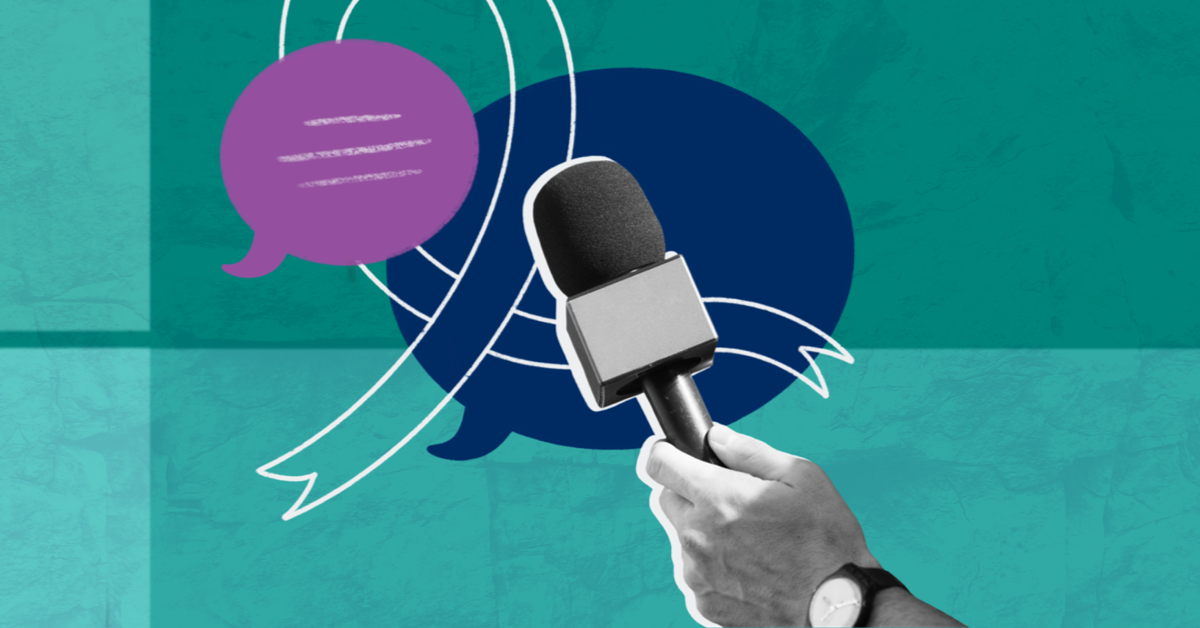 a hand holds a microphone while speech bubbles and an awareness ribbon float behind it, interview a hand holds a microphone while speech bubbles and an awareness ribbon float behind it, interview
