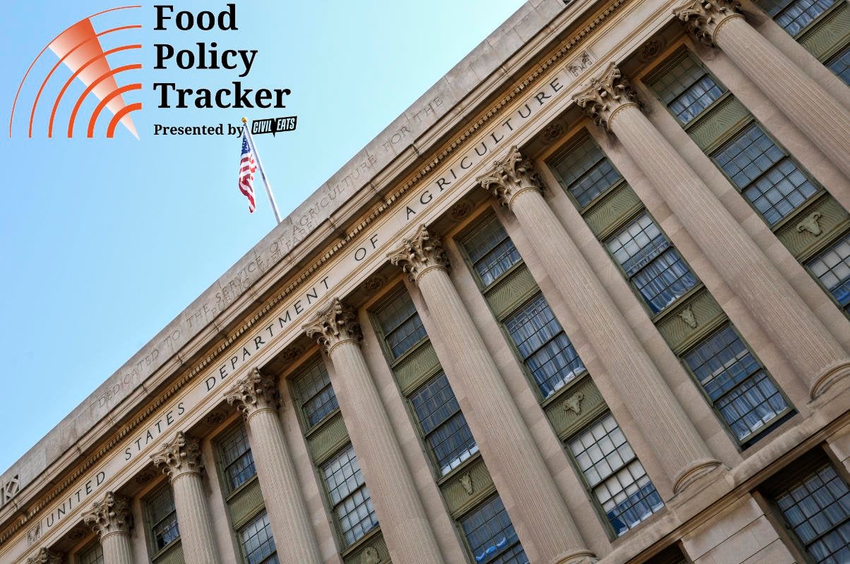 The U.S. Department of Agriculture headquarters, with the Civil Eats Food Policy Tracker logo superimposed.