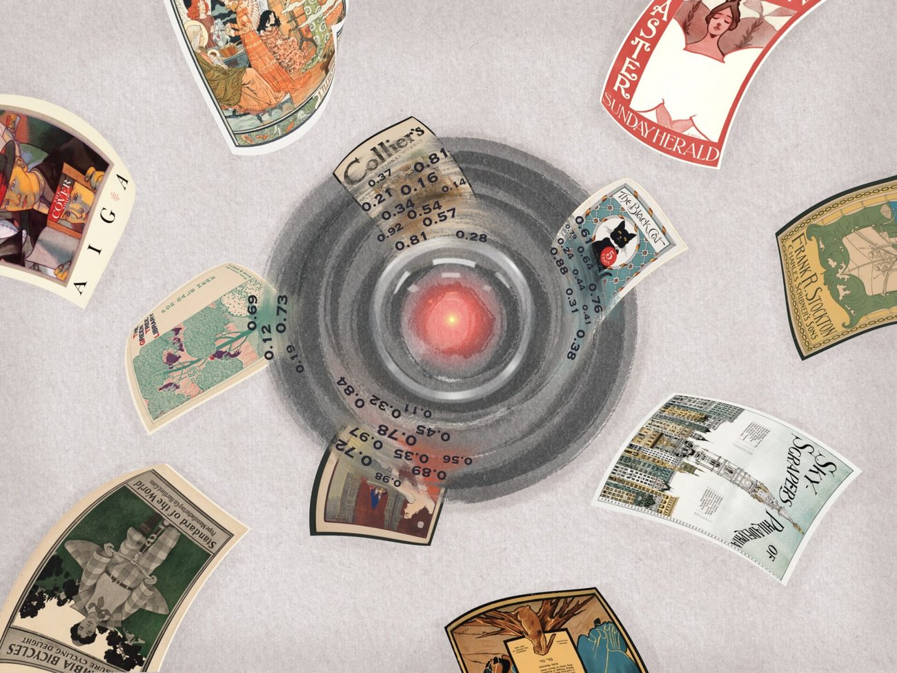 Illustration showing a dark circle with a red glowing light in the center a la Hal from the film 2001 A Space Odyssey Vintage magazine covers and text spiral inwards into the circle