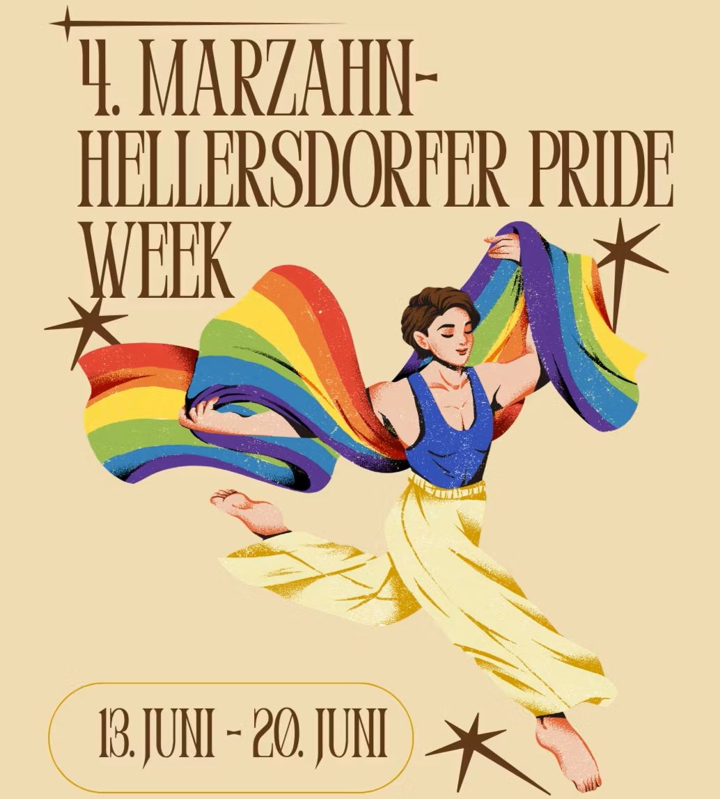 Bild einer springenden, androgynen Person mit langem Regenbogenschal in lockerer, gelber Hose und mit blauem Tanktop. Darüber steht Hellersdorfer Pride Week und unter der Person oval eingerahmt: 13. Juni - 20. Juni