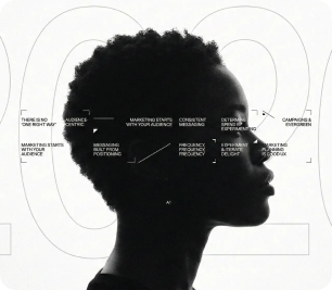 A black profile silhouette overlaid with labeled marketing concept lines