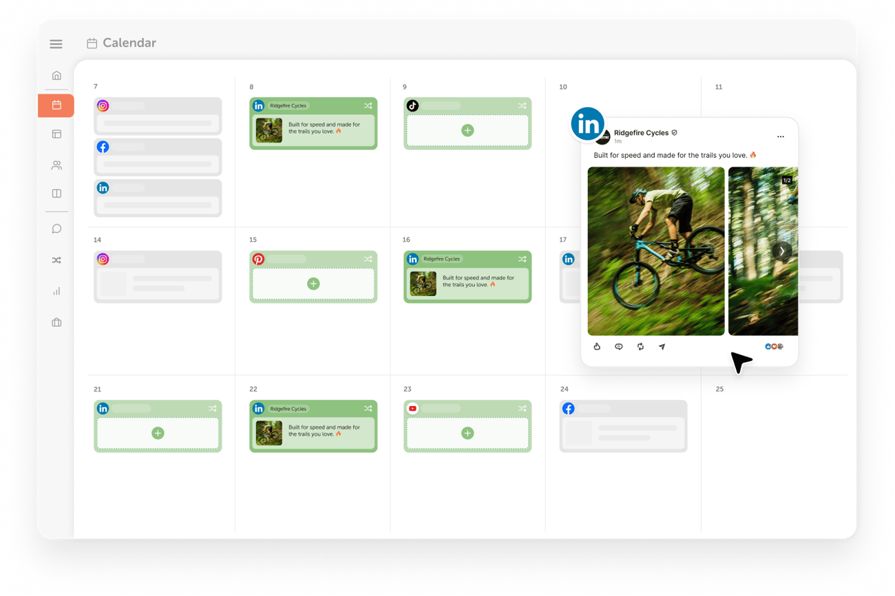 A social media calendar displays a cyclist riding through a green forest