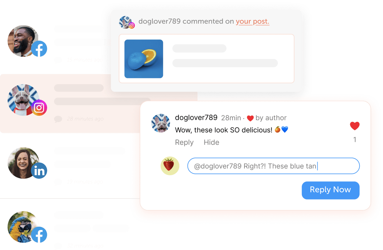 Social media comment cards show a blue fruit image and a reply field