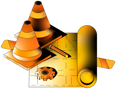 Illustration of traffic cones, a measuring tool, gear, and drafting plans