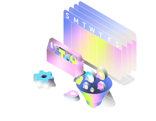 Pastel calendar and colorful icons arranged on a gridded background