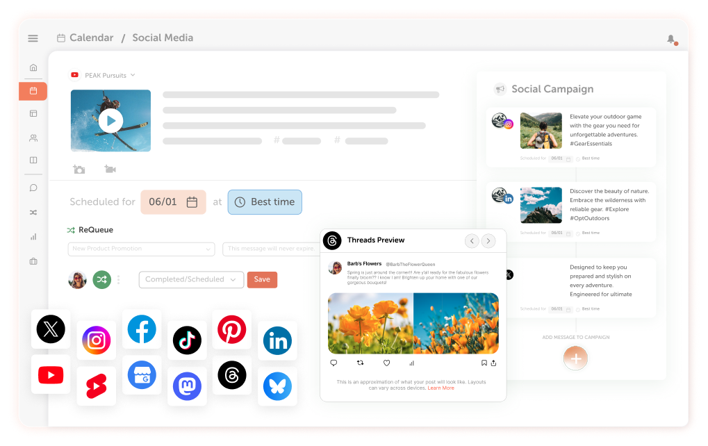 Social media scheduling dashboard showing campaign previews and platform icons
