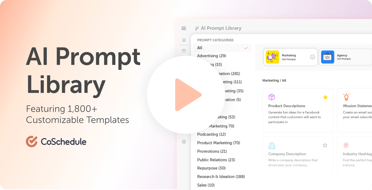AI Prompt Library interface with customizable templates and a large play button