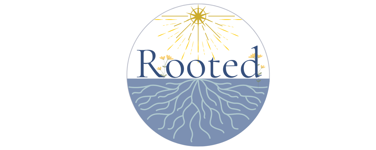 Rooted logo featuring a tree with visible roots and radiating lines inside a circular design.