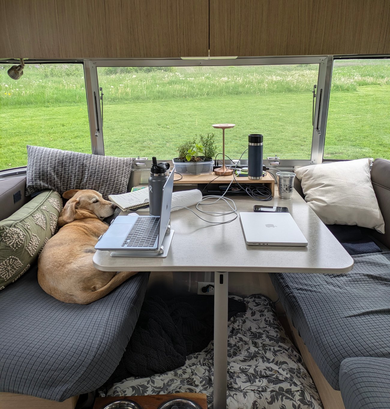 Cozy Airstream workspace with two laptops, a notebook, and a sleeping dog tucked into the dinette, overlooking a green campground through panoramic windows.