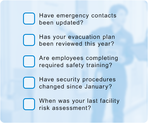 Have emergency contacts been updated? Has your evacuation plan been reviewed this year? Are employees completing required safety training? Have security procedures changed since January? When was your last facility risk assessment?