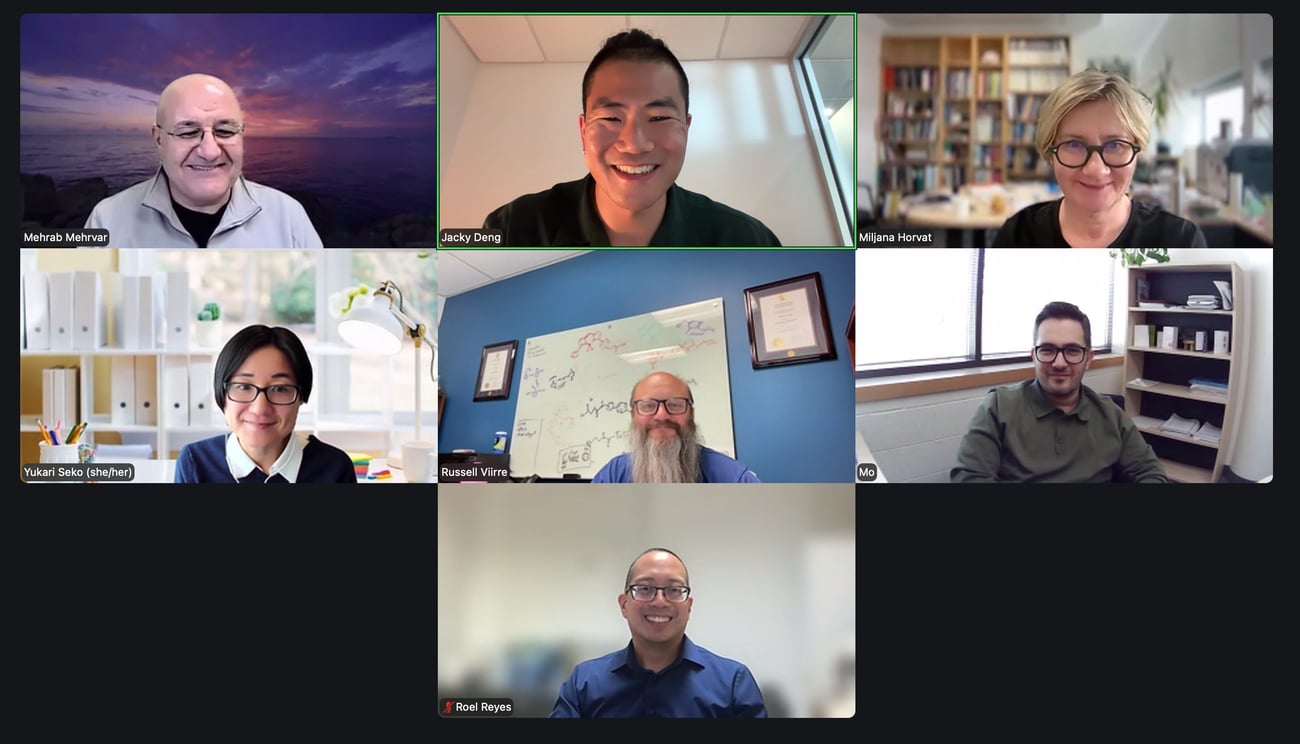A screenshot from a virtual meeting of the FEAS supervisors talking about the Solution-Focused Graduate Supervision course.