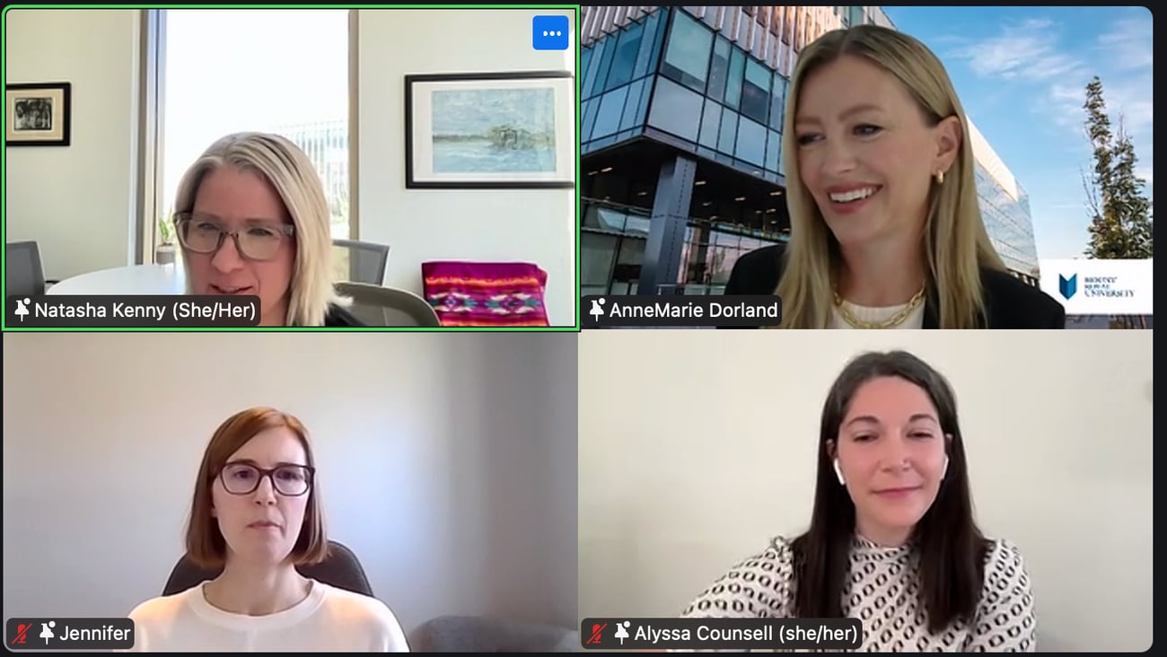 A screenshot from a virtual meeting where Professor Alyssa Counsell and three other leaders engaged in the Brave Conversations in SoTL Panel.