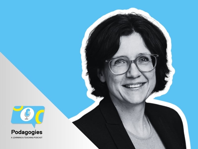 Dr. Anna Stokke smiling beside the Podagogies logo.