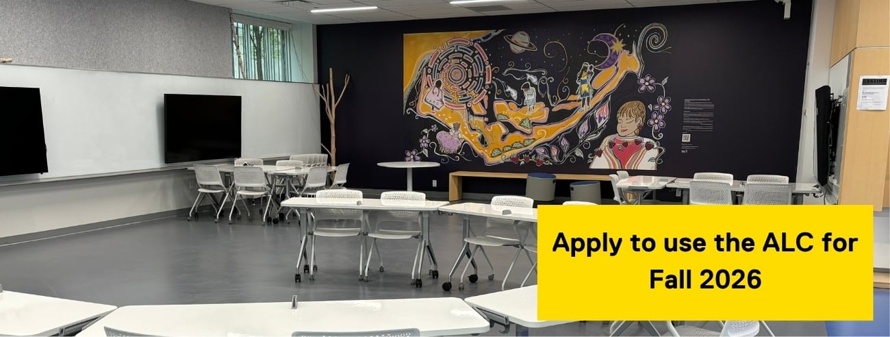 A circle of chairs in front of a mural wall in the Active Learning Classroom. Text reads "Apply to use the ALC for Spring/Summer 2025).