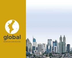 Global logo beside a modern city skyline