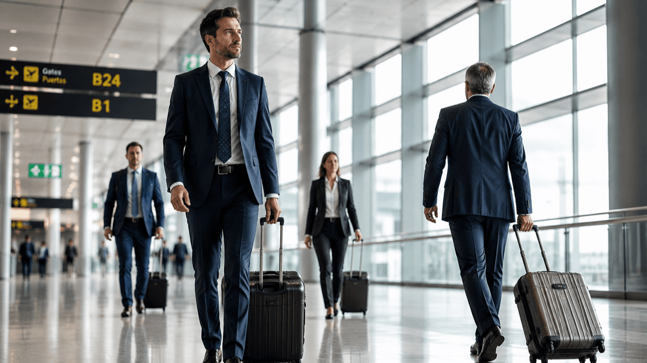 Business travelers walk through an airport terminal with rolling suitcases