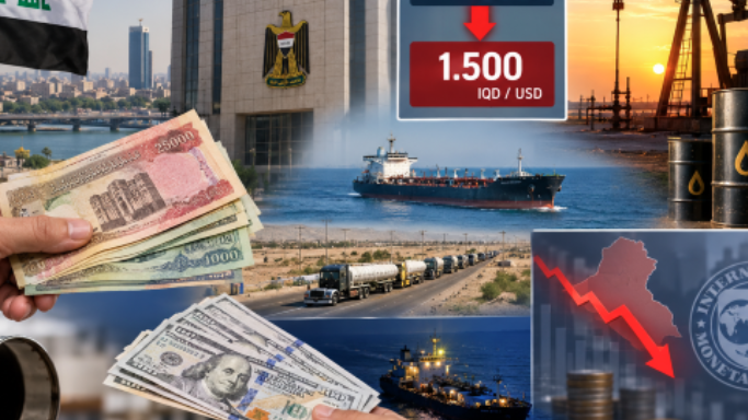 Currency notes, a cargo ship, oil pumps, and financial decline graphics in a collage