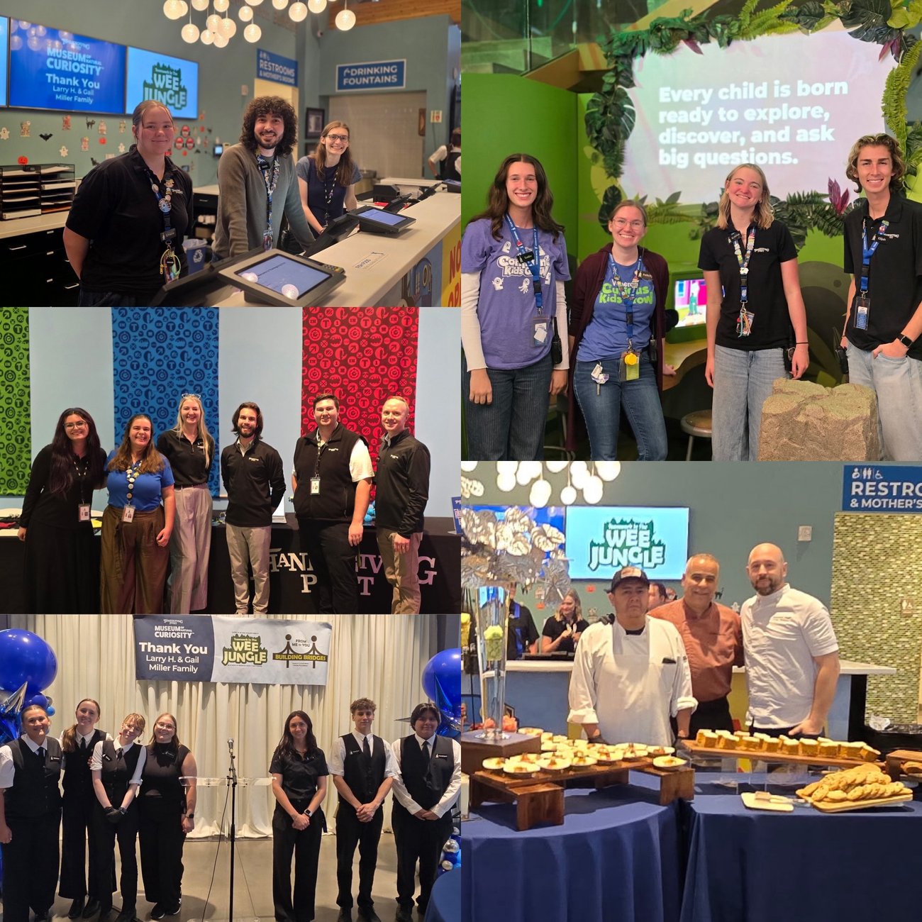 Collage of museum staff and event groups posing indoors around displays and refreshments