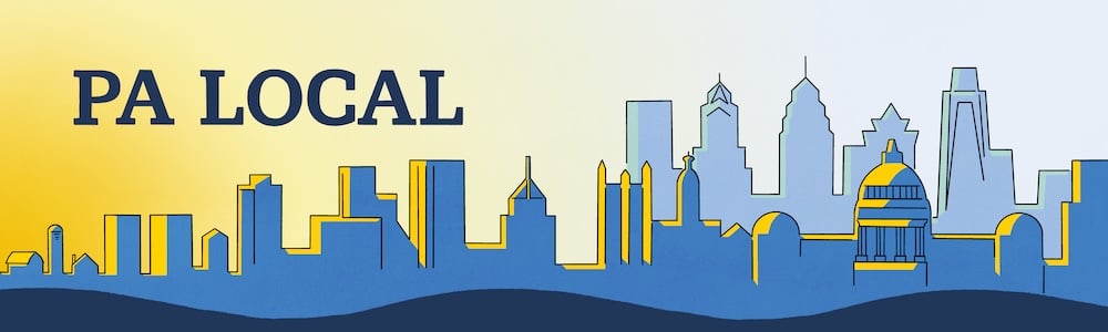 An illustration of Pennsylvania farms, houses, and skyscrapers