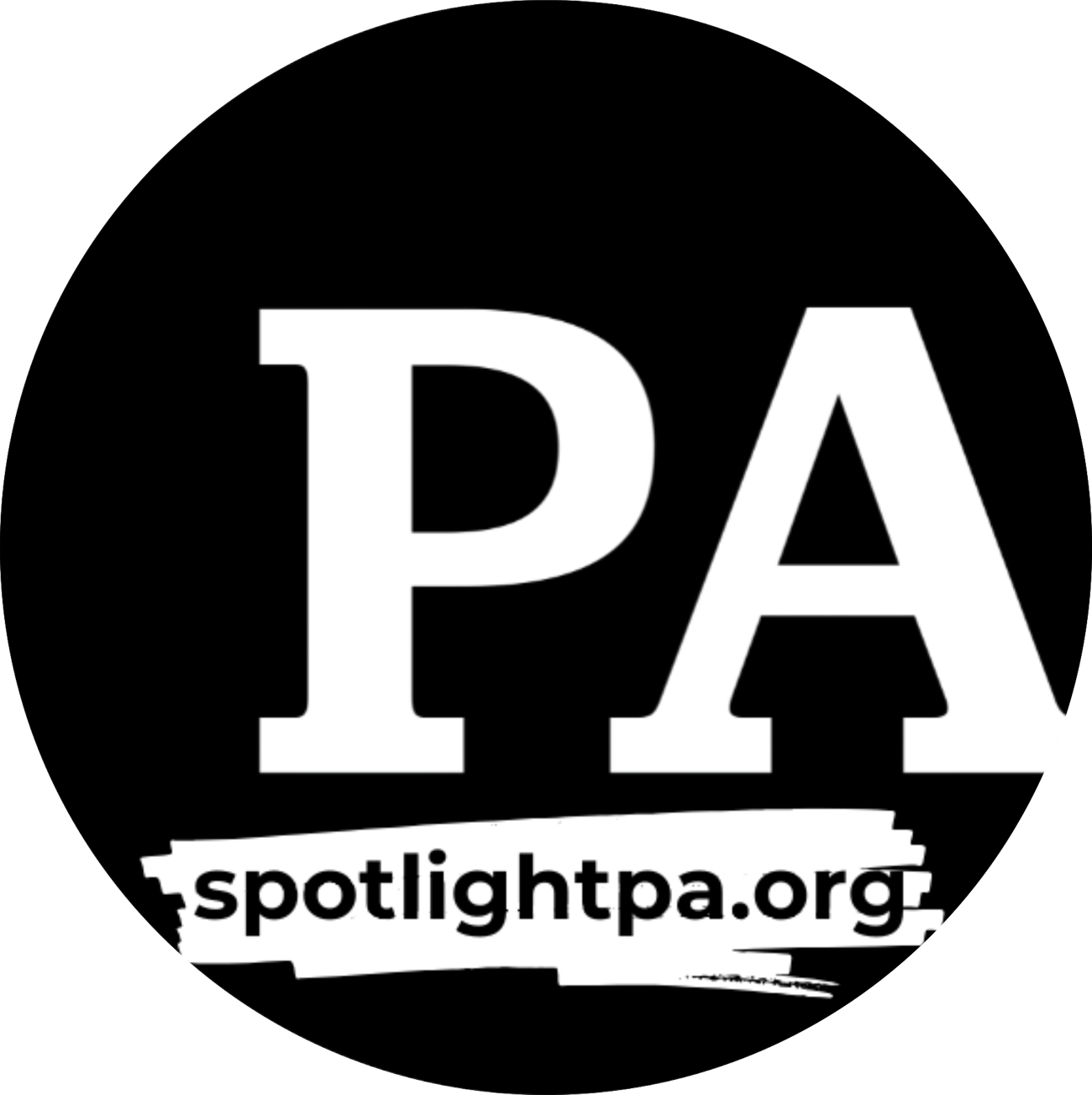 A circular black-and-white logo reading SpotlightPA.org
