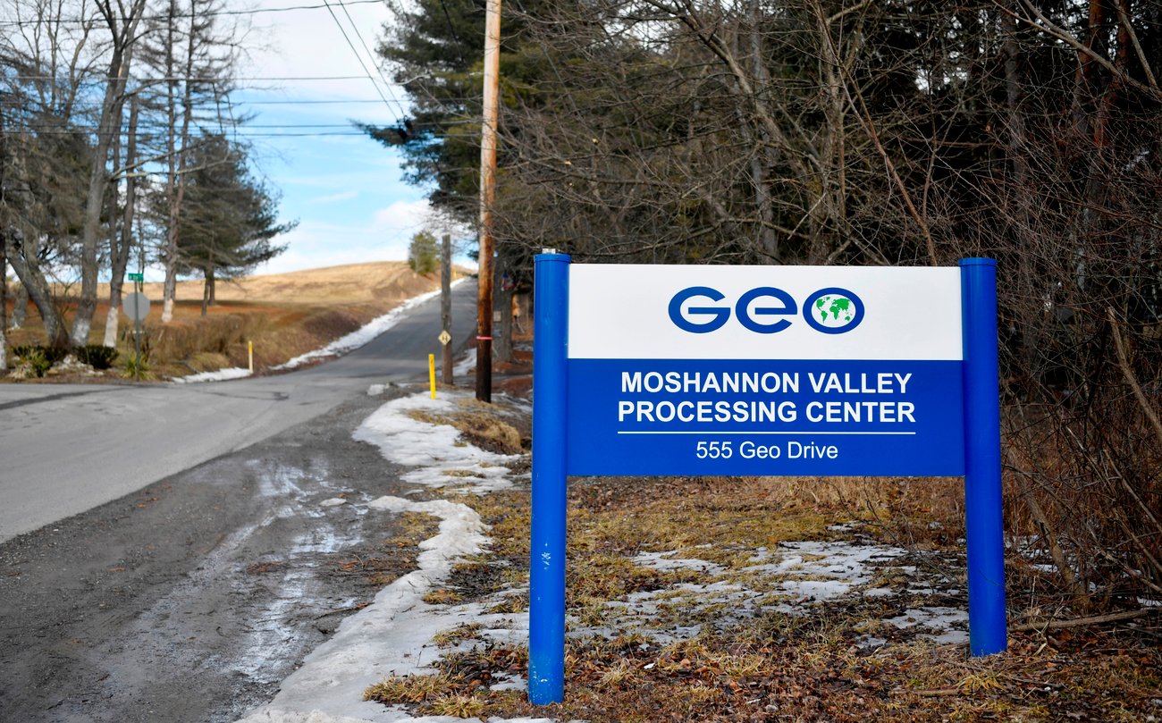 he sign for the GEO Group Moshannon Valley Processing Center, immigration detention facility he sign for the GEO Group Moshannon Valley Processing Center, immigration detention facility