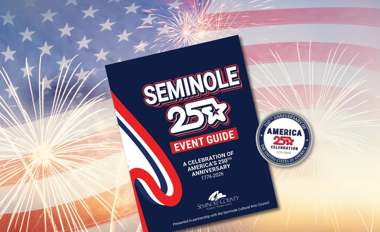 American flag with fireworks behind a Seminole 250 Event Guide book and challenge coin American flag with fireworks behind a Seminole 250 Event Guide book and challenge coin