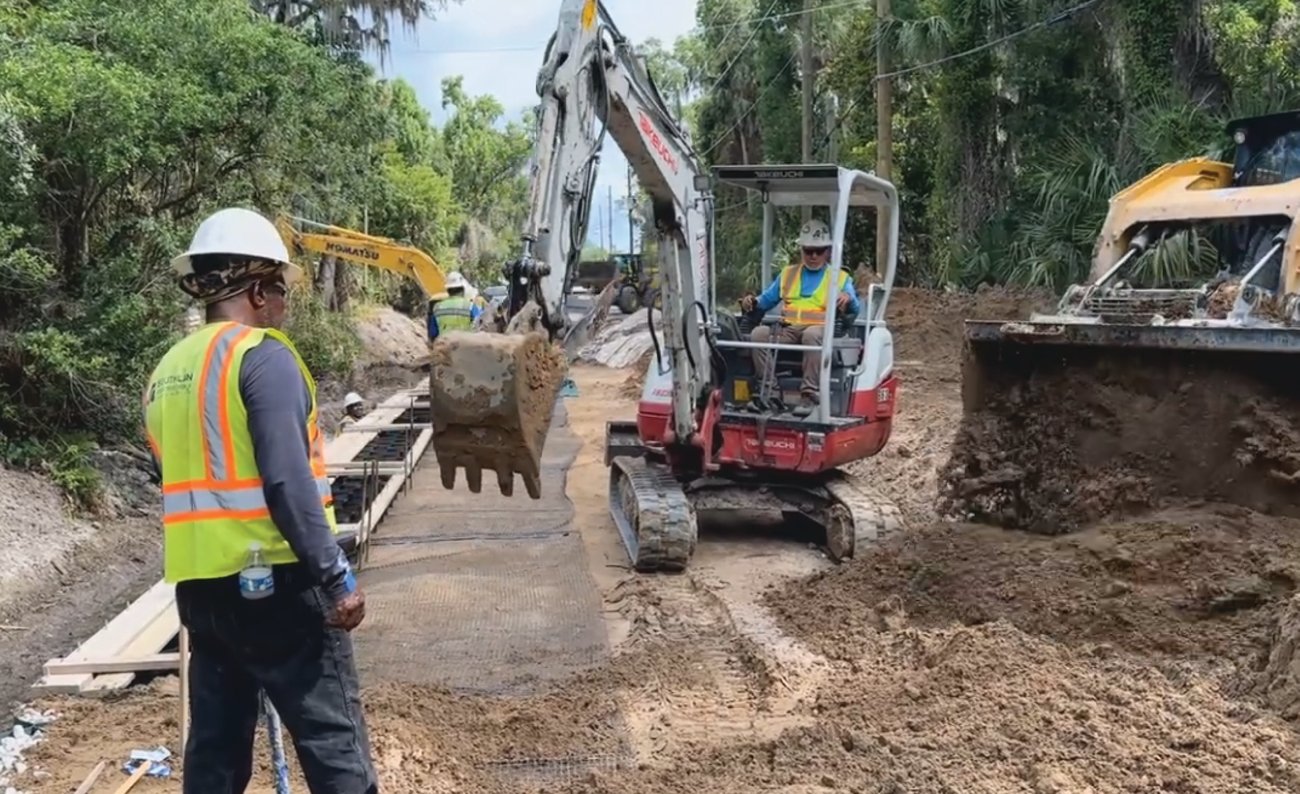 2 public works employees in safety gear operating machinery to repair erosion damage on street 2 public works employees in safety gear operating machinery to repair erosion damage on street
