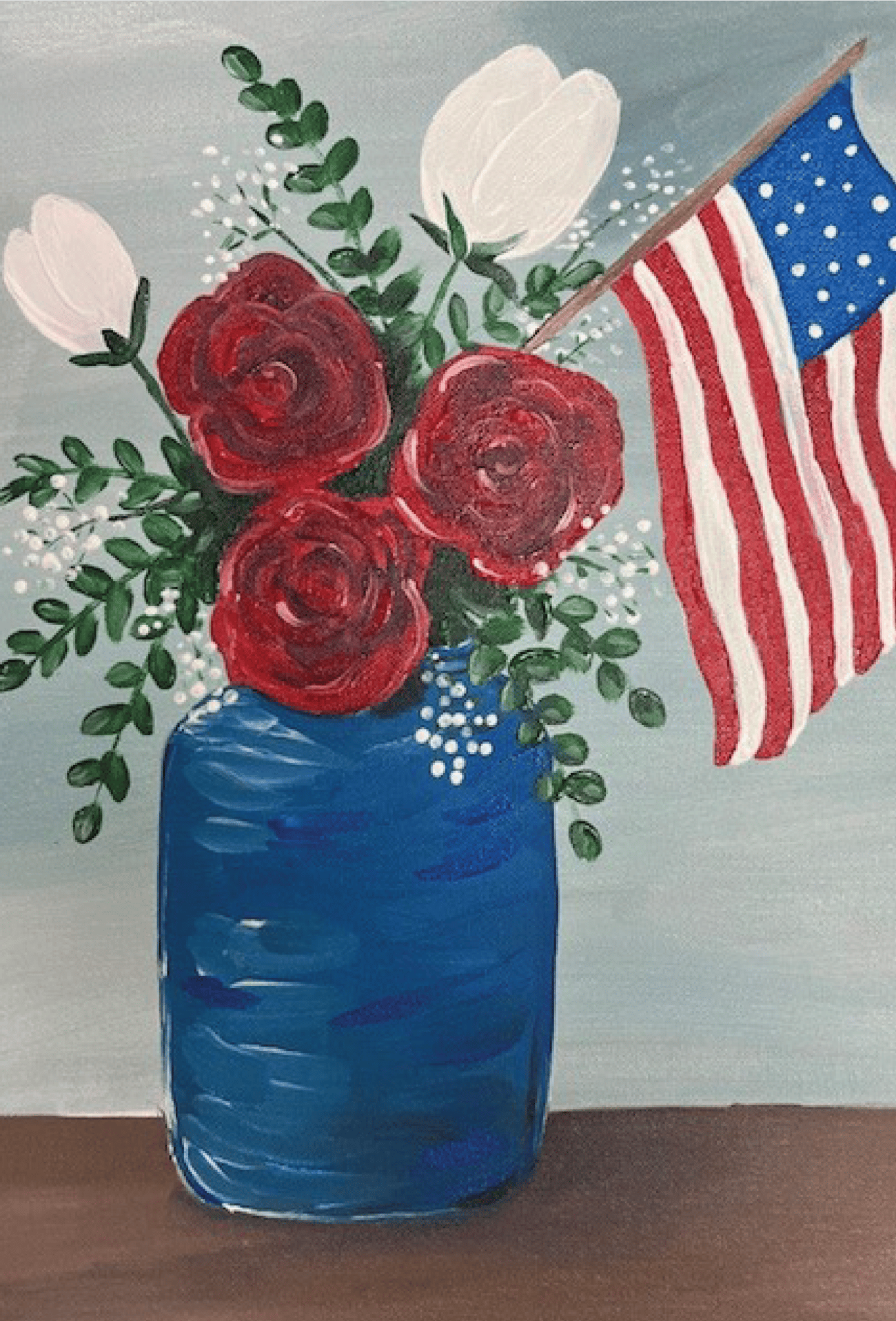painting of red and white flowers in a blue vase with an American flag
