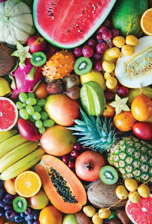collage of tropical fruits including: watermelon, pineapple, papaya, starfruit, kiwi, dragonfruit, orange, grapefruit, bananas