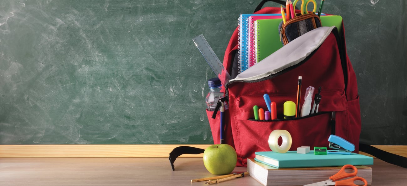 backpack full of school supplies in front classroom chalkboard backpack full of school supplies in front classroom chalkboard