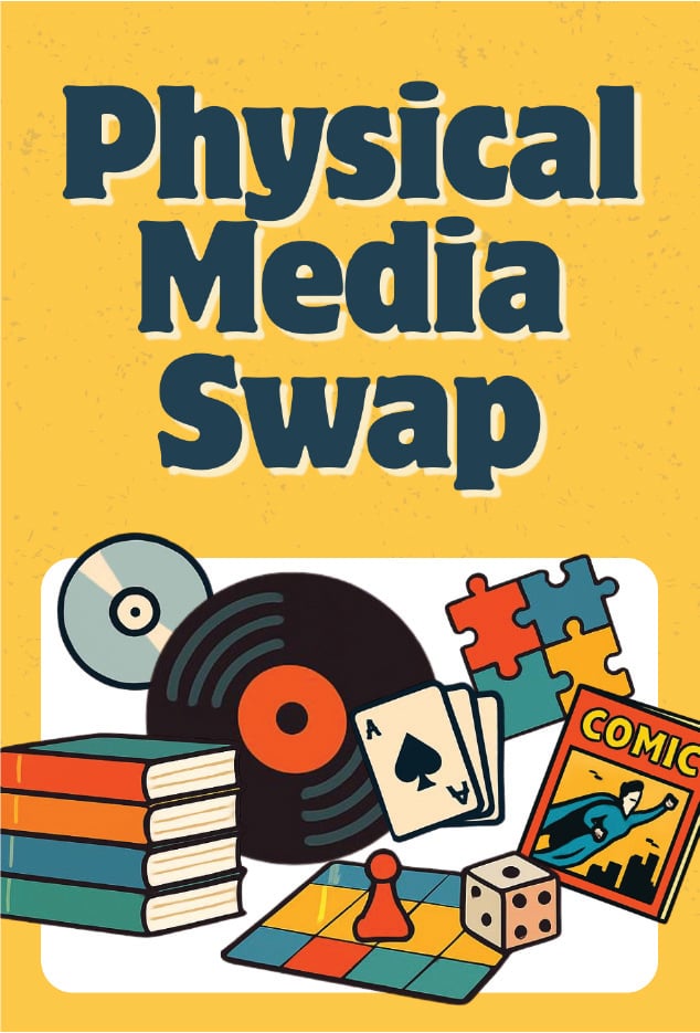 clipart of media swap items including books, record, cd, puzzle pieces, cards, comic book, and board game