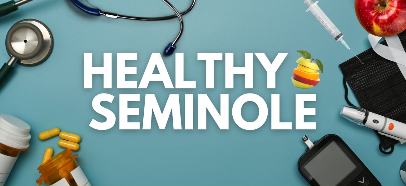 health equipment scattered around Healthy Seminole logo on teal background including pills, stethoscope, needle, handheld tester, apple health equipment scattered around Healthy Seminole logo on teal background including pills, stethoscope, needle, handheld tester, apple