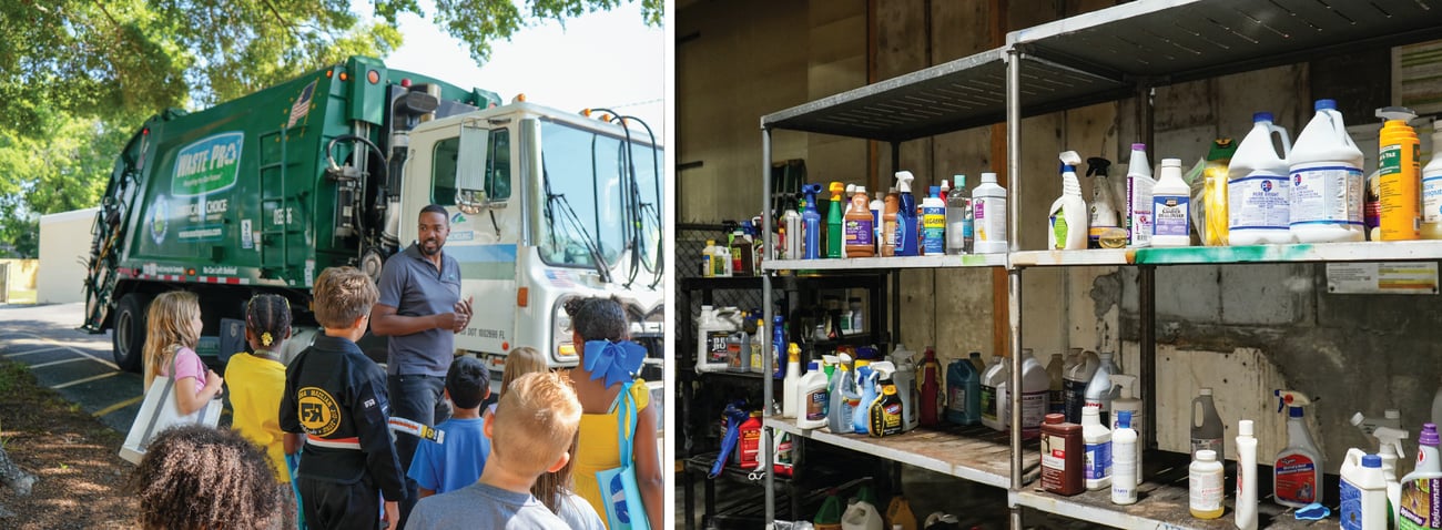 collage with group of children standing outside recycling truck on the left and shelf of misc. products from the reuse shop on the right collage with group of children standing outside recycling truck on the left and shelf of misc. products from the reuse shop on the right