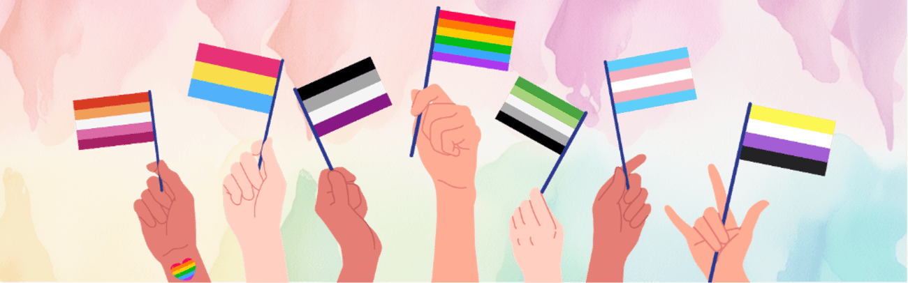 illustration of hands holding different lgbtqai+ pride flags