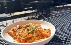 pasta on patio table