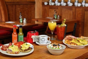 brunch food and drinks on a table