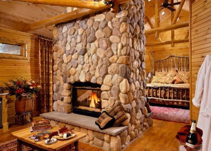 fire in fireplace in guest room
