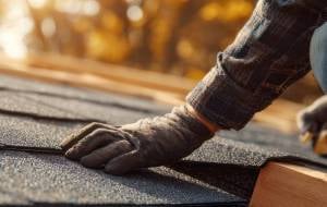 closeup of hand on roof shingles in fall