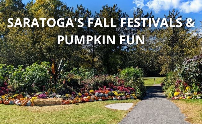 image of outdoor pumpkin display and the words Saratoga's Fall Festivals & Pumpkin Fun