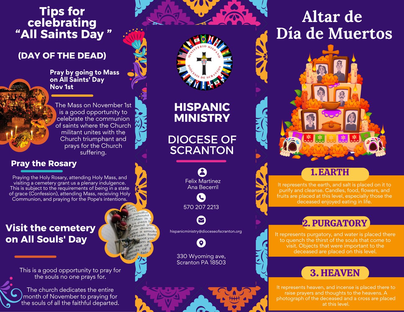 Purple bilingual infographic about All Saints Day and Día de Muertos traditions