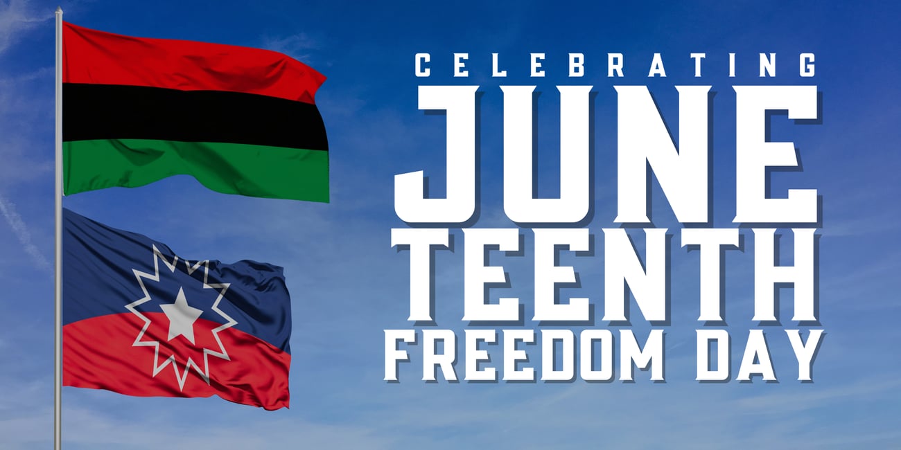 Photo of the Pan African flag and the Juneteenth flag next to text that reads: Celebrating Juneteenth Freedom Day