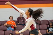 A volleyball player reaches upward while spectators watch from the seats