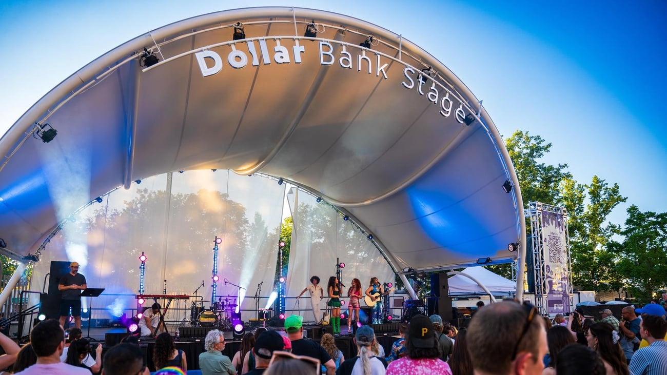 A band performs on an outdoor stage labeled “Dollar Bank Stage” in front of a crowd, with colorful lights and trees in the background under a clear sky.