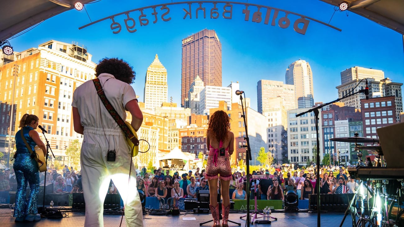 A band performs on an outdoor stage before a large crowd, with tall city buildings and a clear blue sky in the background. The photo is taken from behind the performers, capturing the audience and urban skyline.